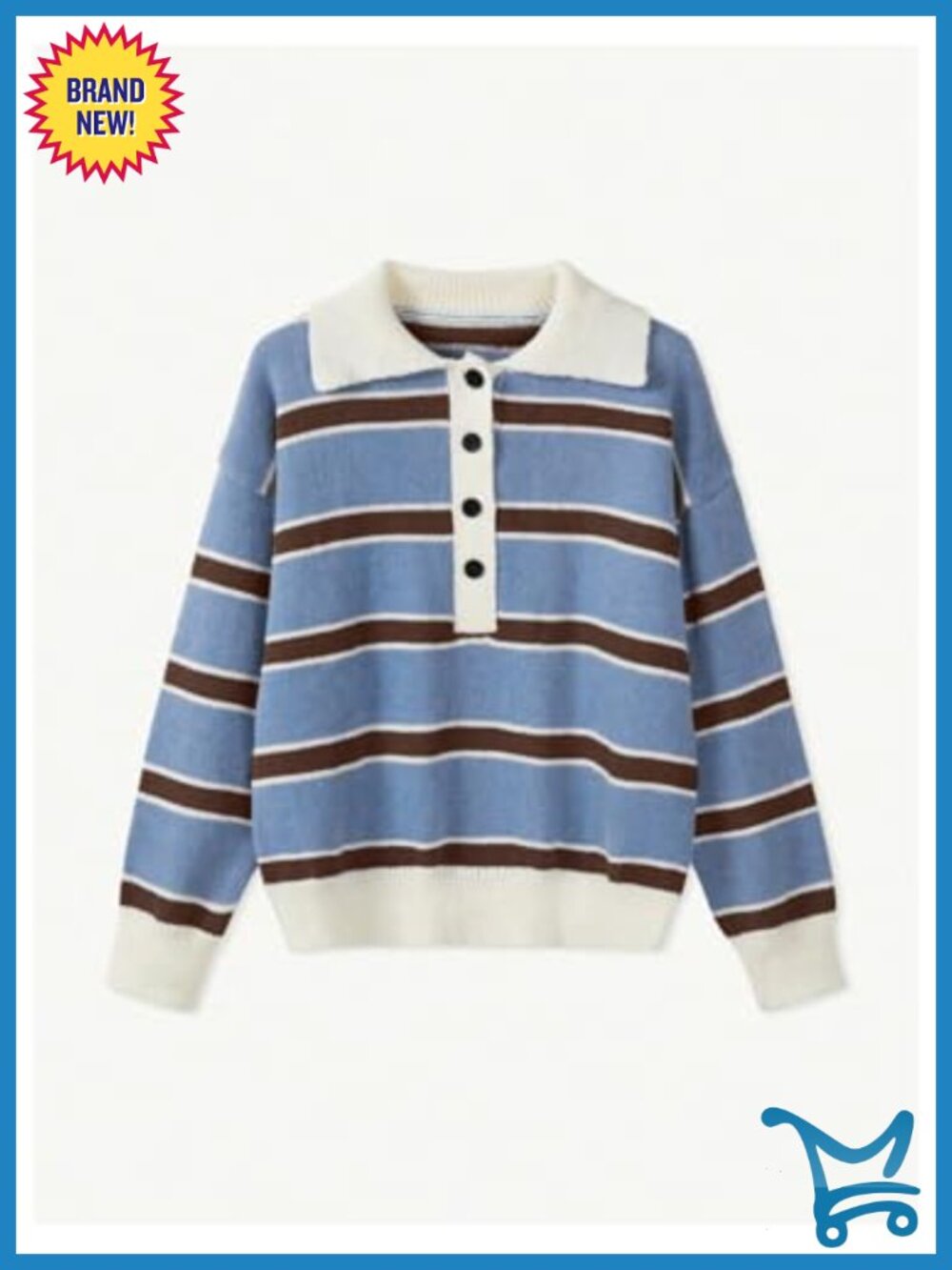 Striped Rugby Sweater Button Front Collared Knit Pullover - Picture 5 of 5